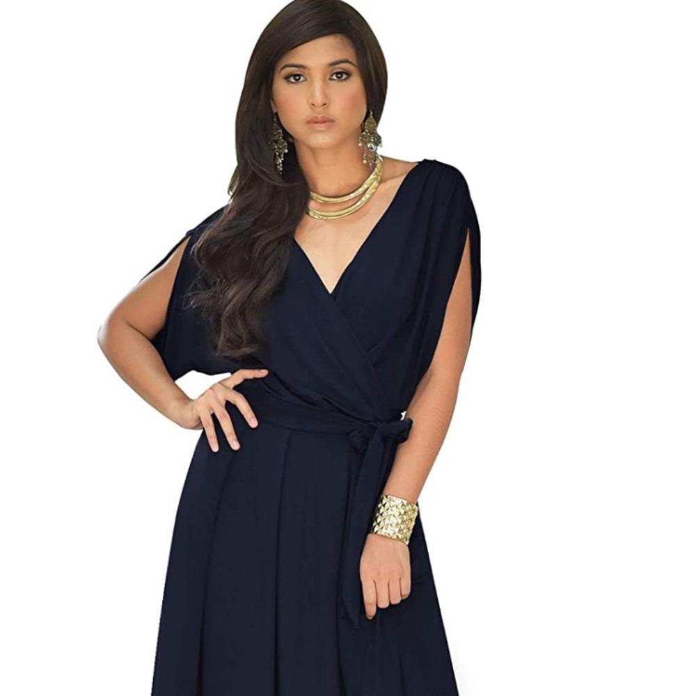 Long Semi-Formal Short Sleeve V-Neck Floor Length